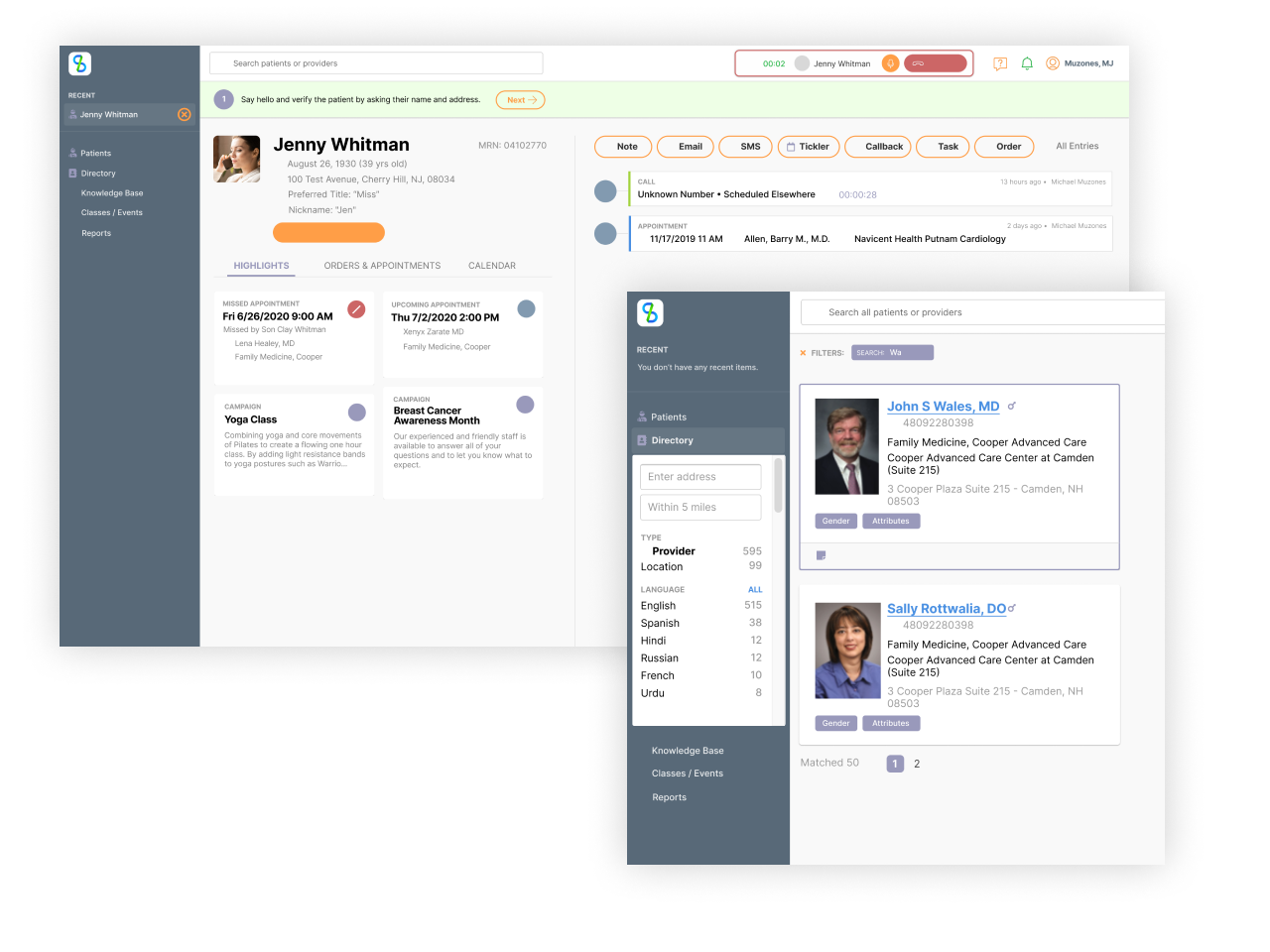 screenshots of Acombina Symphony showing listing of providers and patients and call widget